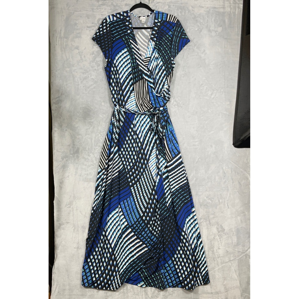 Olivia Matthews Womens Maxi Dress 3X Blue Geometric Faux Wrap V-Neck Belted Vaca